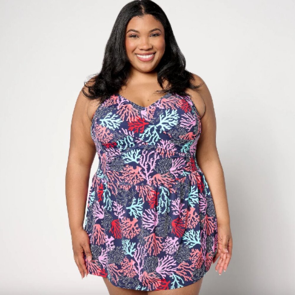 Denim & Co. Beach Sweetheart Neckline Swim Dress , Navy Sz 18W a634810